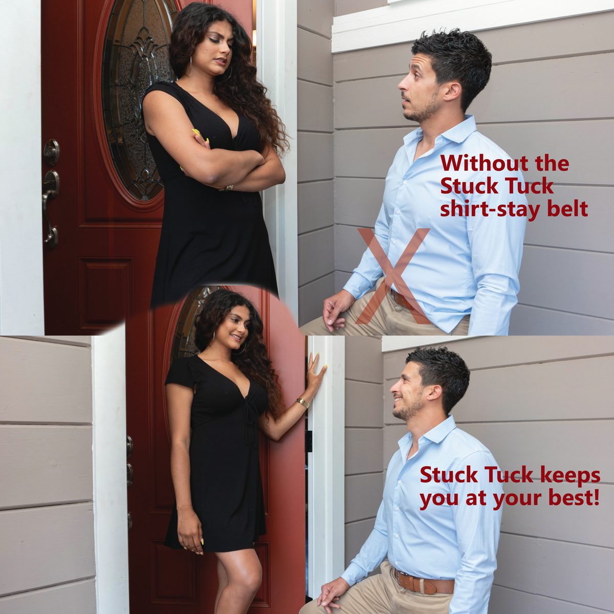 Before and after ad at a front door: untucked, he gets a disapproving look; tucked in with Stuck Tuck, she smiles