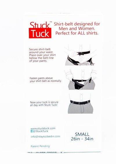 Back of the Stuck Tuck box with a three-step illustrated guide, size Small 26 to 34 inches, and a patent pending notice